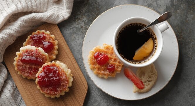 Freshly baked mini stroopwafels with coffee cup and vibrant fruit jam