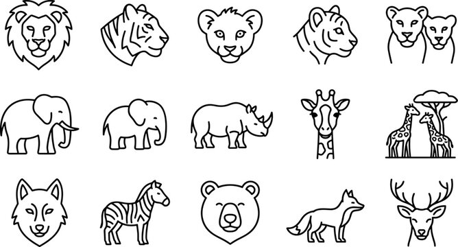 outline animal icon set, vector collection of wild mammals including lion tiger elephant giraffe zebra and others isolated on transparent background