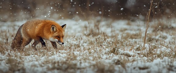 Fototapeta premium Classic retro artwork showing a red fox hunting in a snow laden meadow with snow swirling around