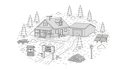Obraz premium Detailed illustration of a rustic cabin nestled in a forest setting with surrounding trees and pathway.
