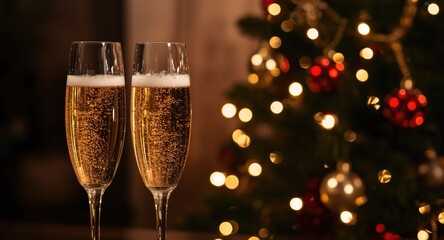 Obraz premium Festive champagne glasses sparkling near decorated Christmas tree