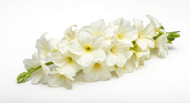 Soft cream Matthiola Incana flowers presented on white studio backdrop