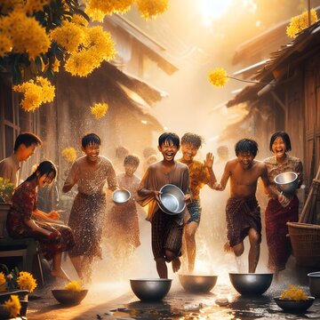 Candid photo of joyful Burmese children in traditional dress laughing and running through water splash with bowls during Thingyan Festival, Padauk flowers in warm sunlight, conceptual cultural photogr