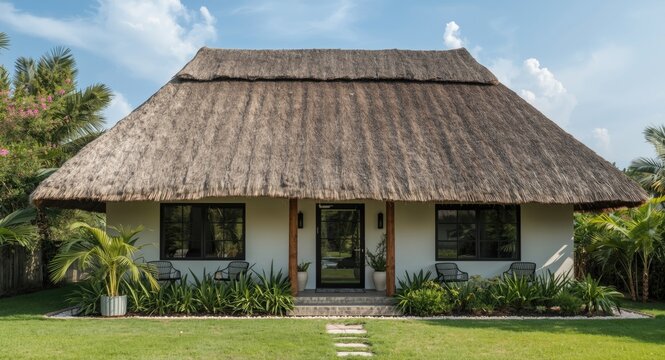 House fully topped with biodegradable thatch roofing material