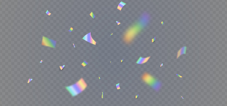 Holographic confetti bg. Prism lens. Shiny festive decor falling on transparent background. Rainbow light hologram. Crystal texture. Party celebration. Holiday glamour design. Vector Illustration
