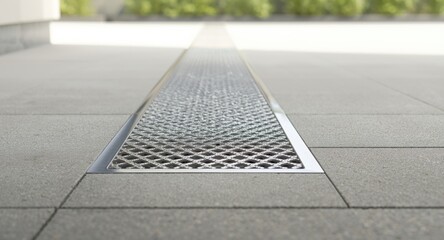 Fototapeta premium Metal mesh ventilation grate designed for drainage and moisture prevention near home