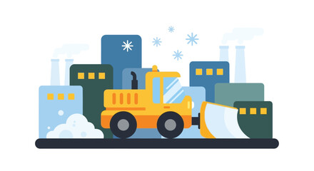 Naklejka premium Snowplow Clearing Snow in Industrial Cityscape - Flat Vector Illustration of Winter Urban Maintenance