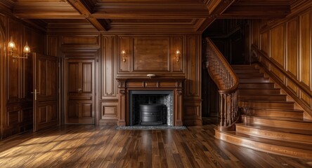 Naklejka premium Refined mansion room with grand wooden staircase and traditional fireplace