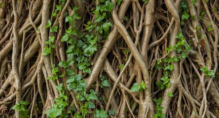 Intricate tree roots intertwined with lush green ivy forming a vibrant natural texture background with earthy organic details