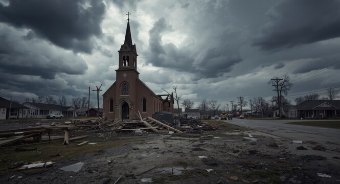 Severe tornado impact on church and nearby businesses with tragic losses