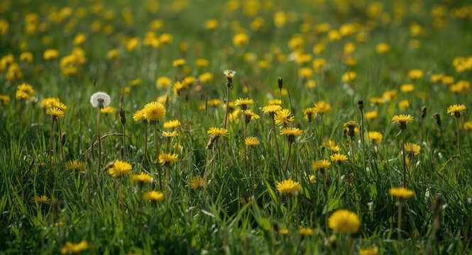 Radiant yellow dandelions growing in a lush grassy field on a warm summer afternoon