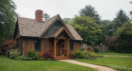 Obraz premium Small cottage with wooden exterior near stately mansion grounds