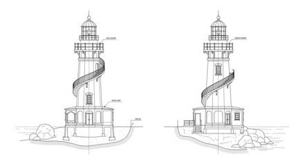 Fototapeta premium Detailed architectural sketch of two identical lighthouses with spiral staircases and intricate designs.