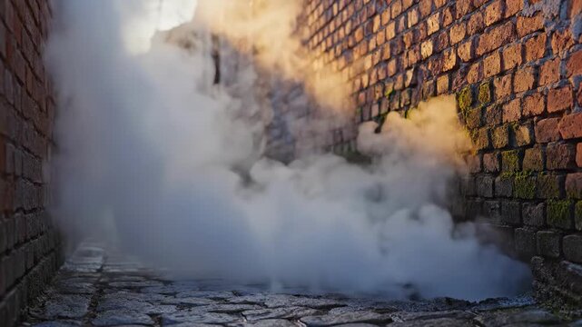 A mysterious and atmospheric image of rising steam in a narrow brick alley. Perfect for conveying concepts of uncertainty, hidden details, or a gritty