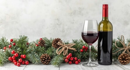 Obraz premium Holiday decorations featuring a bottle and glasses of red wine with copy space for text
