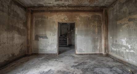 Obraz premium Interior of a neglected apartment with stained cement walls and worn surfaces