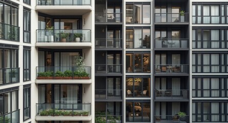 Fototapeta premium Modern residential buildings with spacious balconies and sleek window designs emphasizing urban architecture and external facilities in a mixed media format