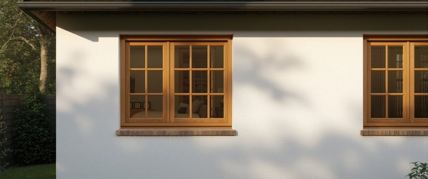 Exterior of a house with natural timber window frames and white plaster walls in bright light