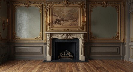 Luxurious vintage room featuring aristocratic fireplace with copy space for text