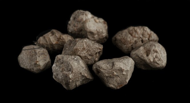 Ancient bifacial quartzite stones shaped like amygdaloid pebbles used in human animal conflict on black background