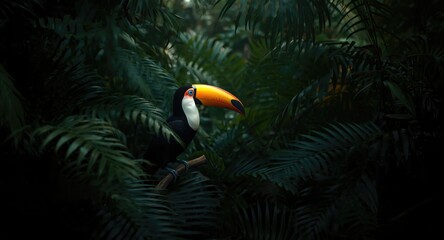 Fototapeta premium Exotic keel billed toucan highlighted in dense tropical greenery during nature travel