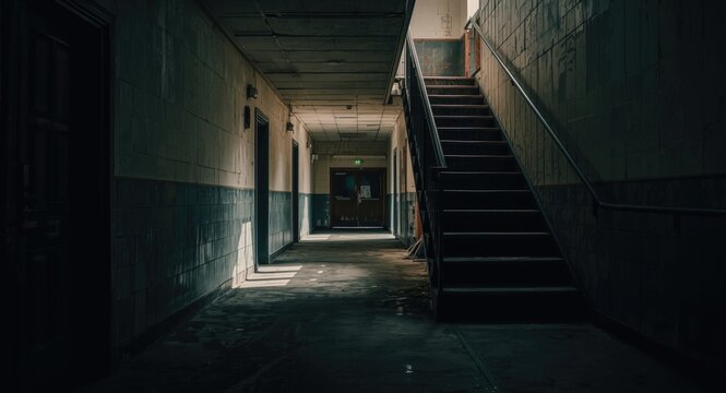 Sinister empty school corridor displaying shadow-filled stairs and aged walls with clear copy space