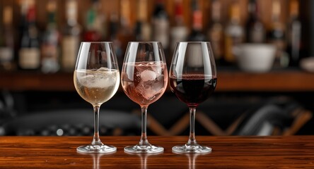 Naklejka premium Experience a delightful wine tasting event with crisp white, refreshing rose, and rich red varieties in a cozy bar space