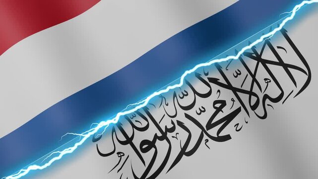 Two waving flags Netherlands and Afghanistan with diagonal lightning seamless, 4k loop