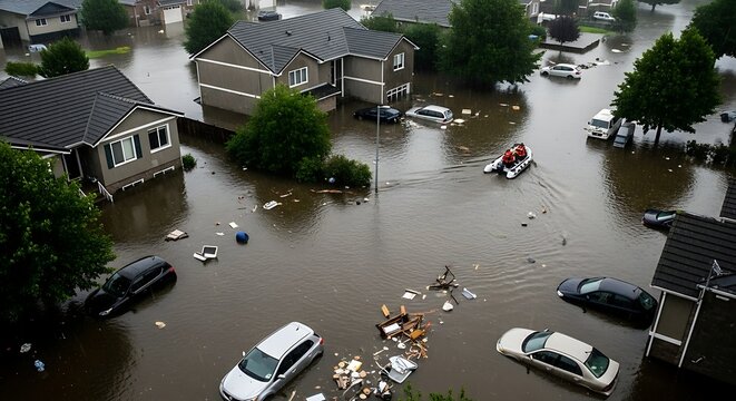 Flooded neighborhood shows devastating impact of heavy rainfall.