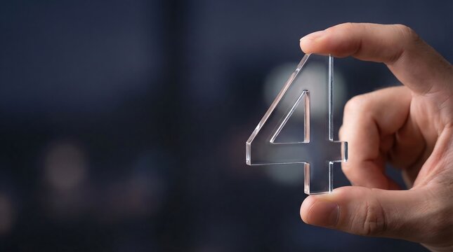 Human hand gently displaying a translucent number four against a soft, blurred dark background, symbolizing a crucial step, numerical value, or important order in a sequence