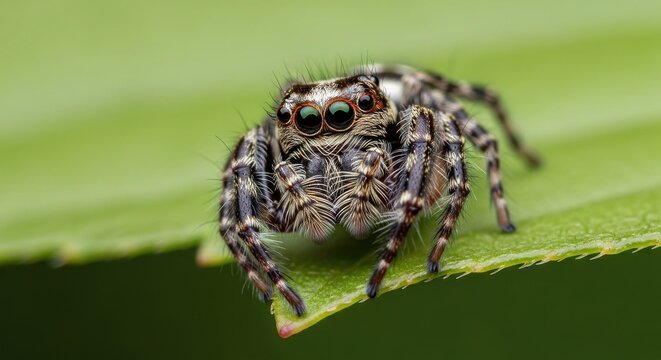 A detailed close-up shot of a small jumping spider resting on a vibrant green leaf in the garden