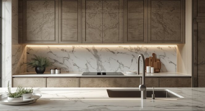 functional kitchen interior with double sided cabinet marble details low splashback and sink