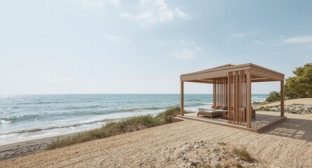 Fototapeta premium Serene wooden pavilion located seaside featuring open relaxation area beneath sunny skies suitable for gatherings