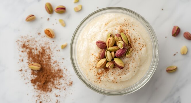 Glass bowl containing smooth creamy rice pudding decorated with pistachio halves and cinnamon sprinkle on marble top