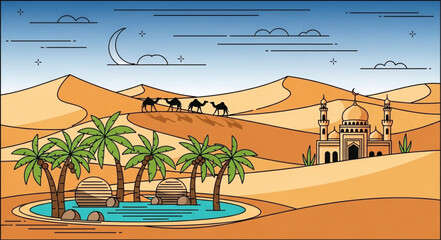 Obraz premium Desert Oasis Scene with Camels, Mosque, and Palm Trees Illustration.