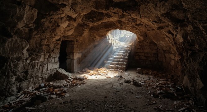 Abandoned tomb chamber aglow with external light rays