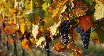 Naklejka premium Grapevine with ripe grapes and colorful autumn leaves in a vineyard setting