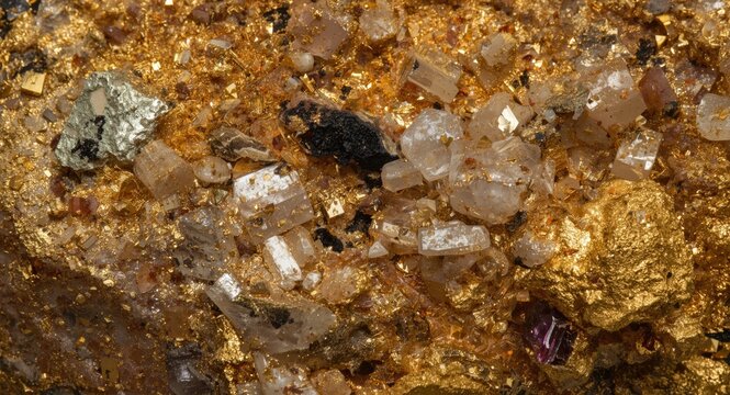 Detailed close up of gold antimony ore showing quartz mica garnet and sulfide minerals geological background
