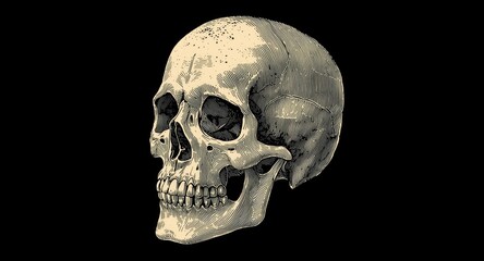 Obraz premium Antique style human skull 2d illustration with detailed engraving on black