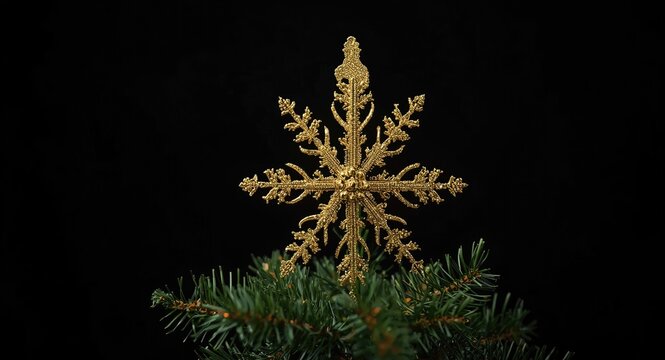 Ornamental gold snowflake serving as the crowning feature of a Christmas tree