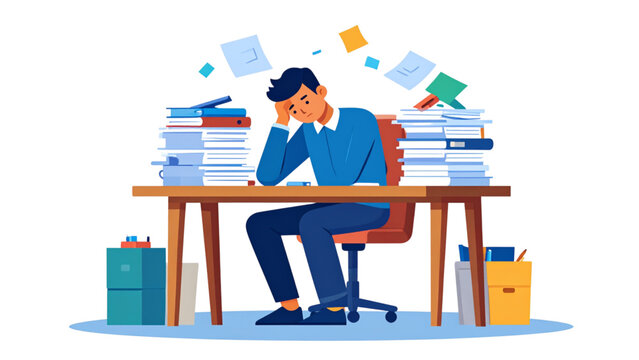 Stressed businessman sitting at desk with high stacks of documents and books feeling overwhelmed by workload and deadline vector illustration.