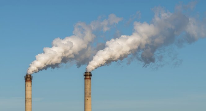 Factory chimneys releasing white smoke clouds into clear blue sky causing air pollution