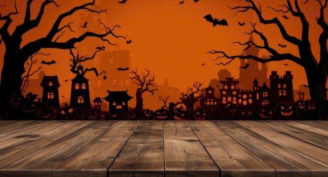 Halloween decorated empty wood table on anime cartoon style toon background