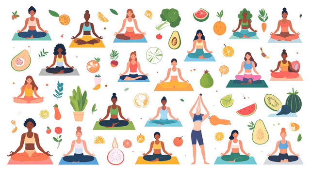 Seamless pattern vector illustration of women in yoga poses with healthy vegetables and fruits for wellness and fitness concept isolated on white background.