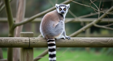 Fototapeta premium A cute ring-tailed lemur with black and white fur sits on a tree branch in the wild nature of Madagascar