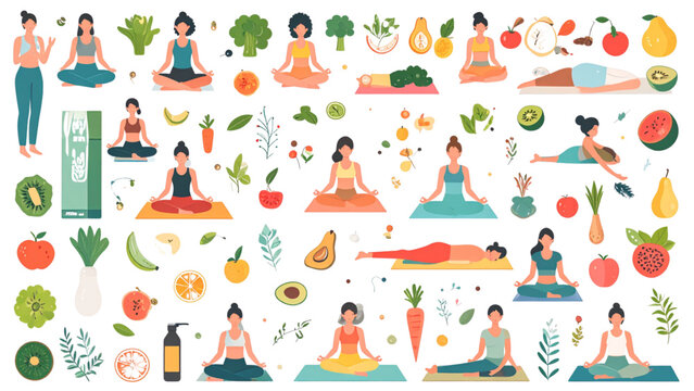 Seamless pattern vector illustration of women in yoga poses with healthy vegetables and fruits for wellness and fitness concept isolated on white background.