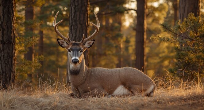 Calm mule deer buck lounging on soft pine needles surrounded by majestic pines in warm winter sunset light