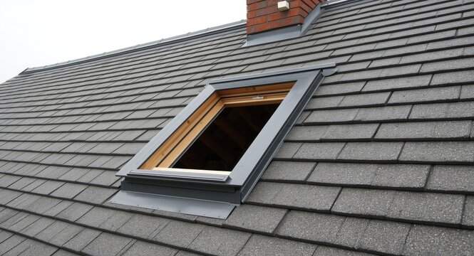 Shingled attic roof with wooden frame hatch for chimney maintenance opening