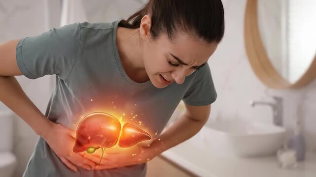 Adult woman suffering severe liver pain, glowing inflamed hepatic organ, painful upper abdominal discomfort, serious internal health issue, disease symptoms
