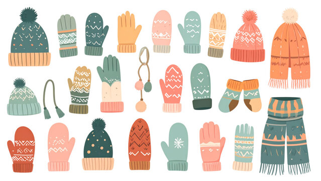 Seamless pattern vector illustration of winter clothing accessories including wool mittens hats and scarves with snowflakes for seasonal holiday concept.